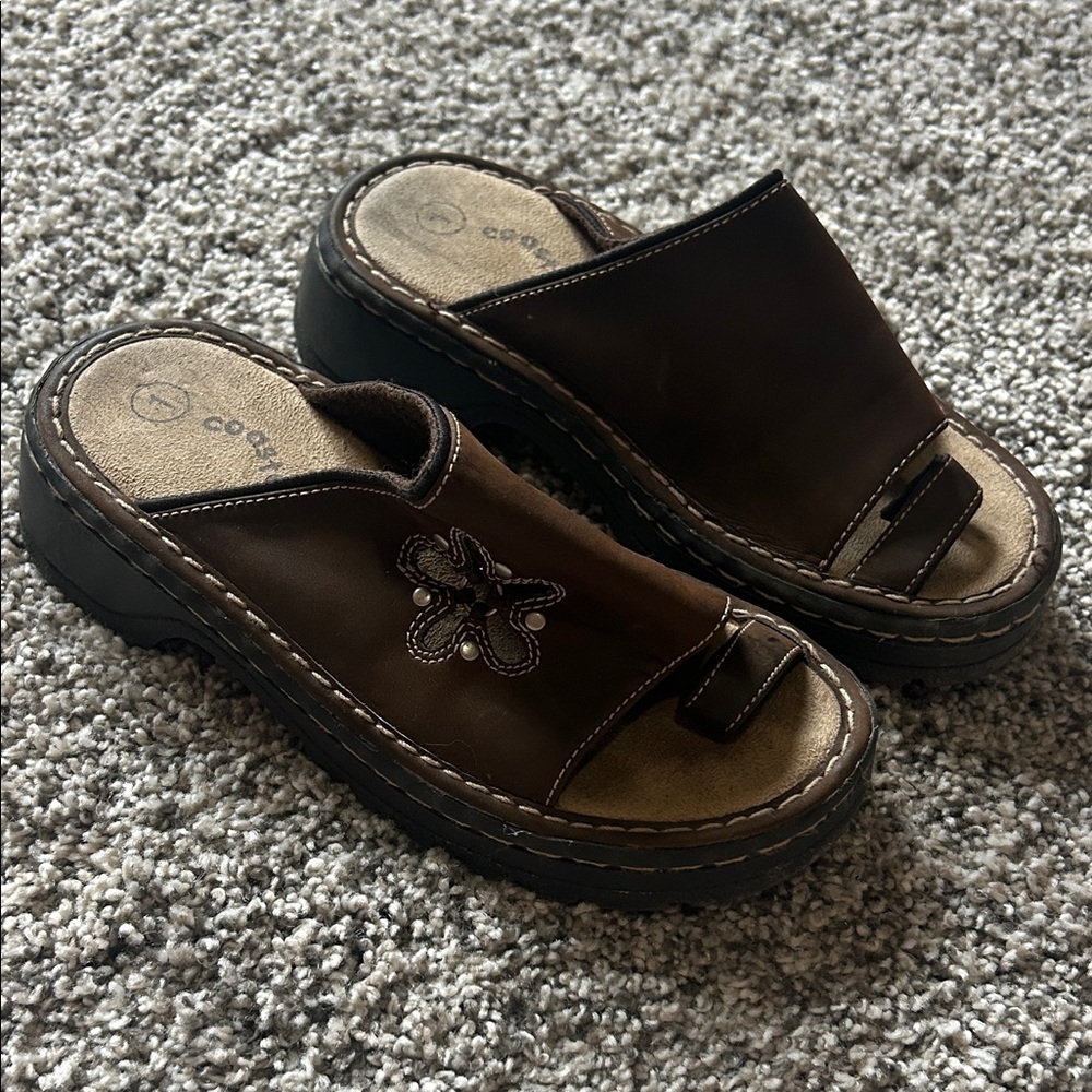 Kid’s Brown Leather Slide Sandals with Stitching